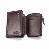 Jiangbao Men's Leather Zipper Coffee Brown Wallets