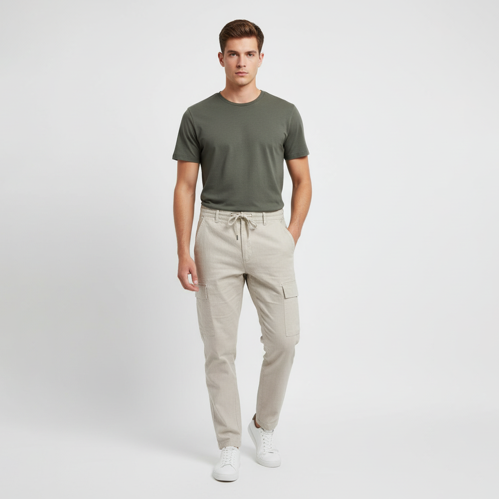 Zaahii Men's High Quality Linen Pants with Six Pockets Cargo Style